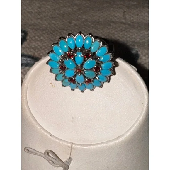 925 Sterling Silver Turquoise Garnet Flower Ring Cluster Statement Ring - Picture 7 of 9